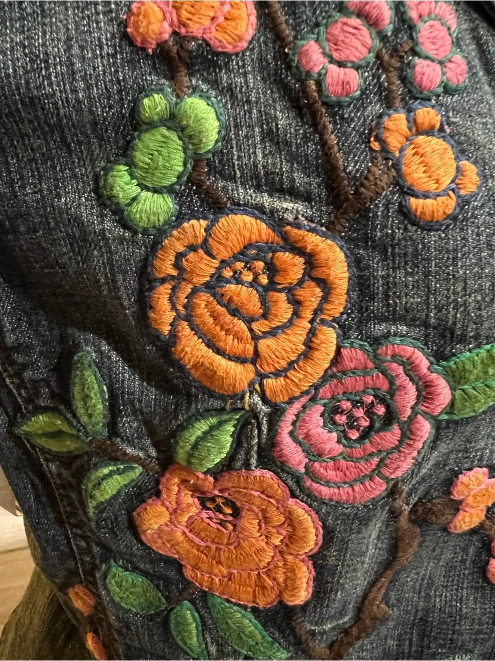 Embroidered Denim Jacket Floral Boho Blue Jean Coat Women’s size 14